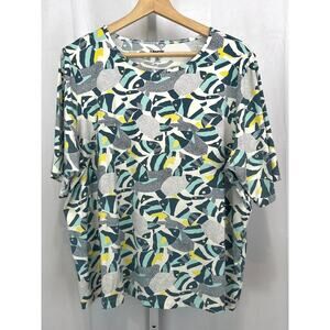 LANDS' END Geo Fish SunShade UPF 50 Elbow Sleeve Relaxed Rash Guard Top 1X Plus